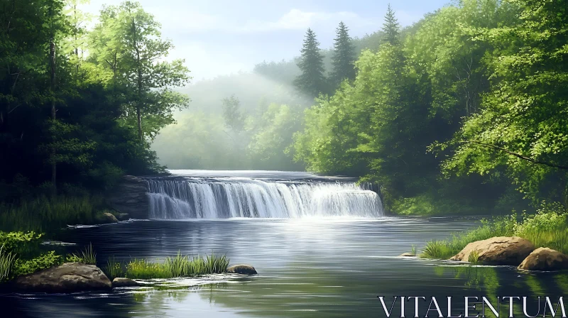 Calming Waterfall in a Lush Green Forest AI Image