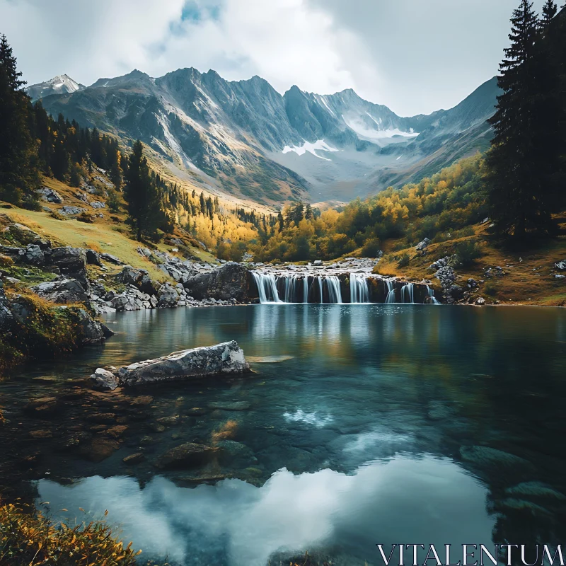 Serene Lake Flanked by Mountains and Waterfall AI Image