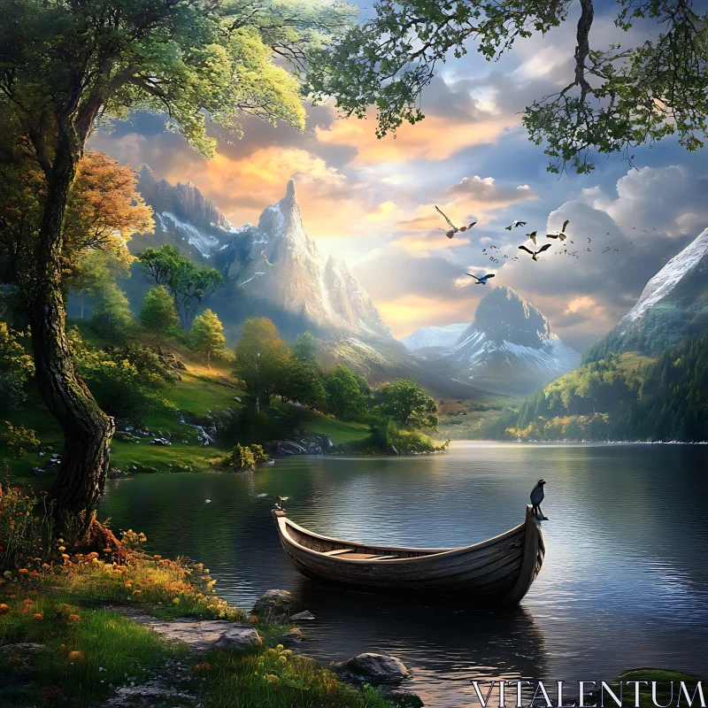 Tranquil Lake Scene with Wooden Boat and Stunning Mountain Views AI Image