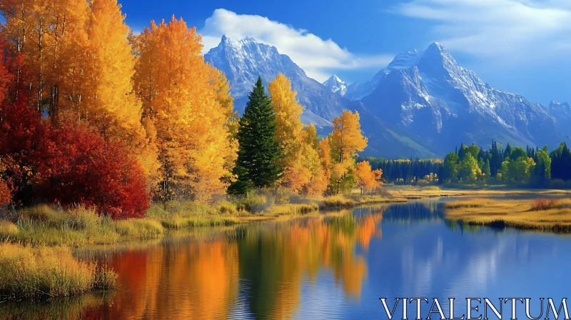 Scenic Lake with Majestic Mountains and Autumn Colors AI Image