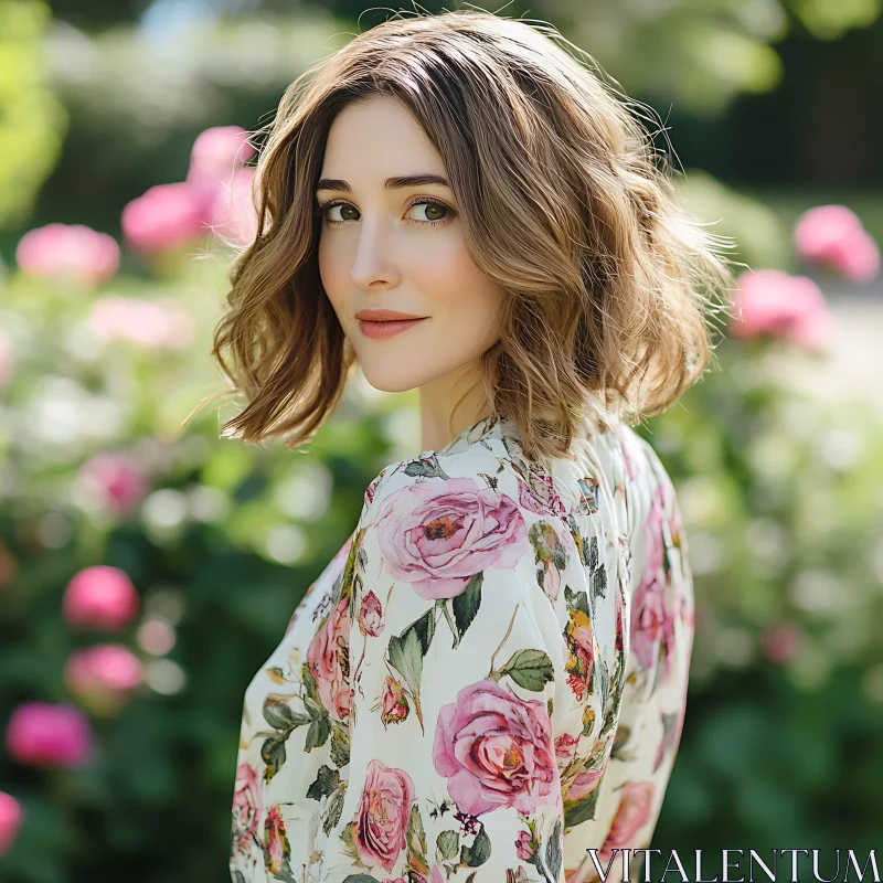 Lady in White Floral Dress in Lush Rose Garden AI Image