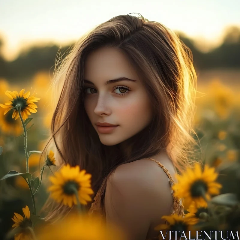 Sunflower Field Golden Hour Portrait AI Image