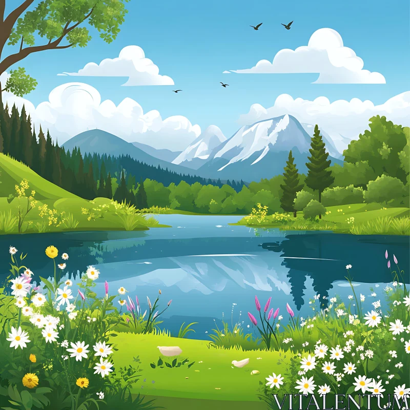 AI ART Serene Lake with Mountains and Wildflowers