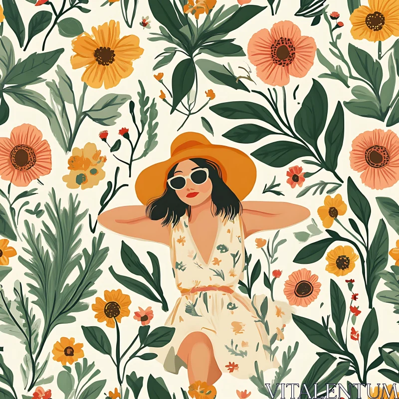 Summer Daydream: Woman in a Floral Field AI Image