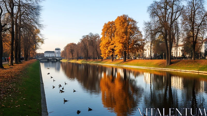 Serene Fall Landscape with Reflective Water and Wildlife AI Image