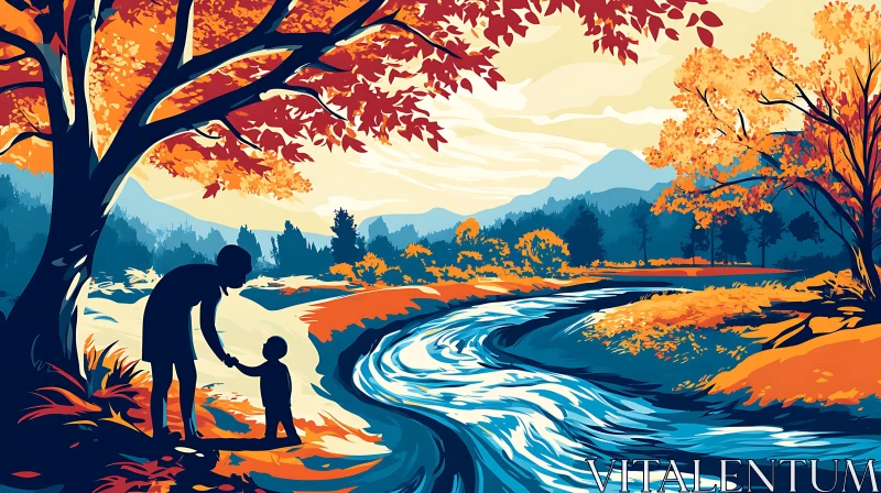 Scenic Autumn Riverland with Parent and Child AI Image