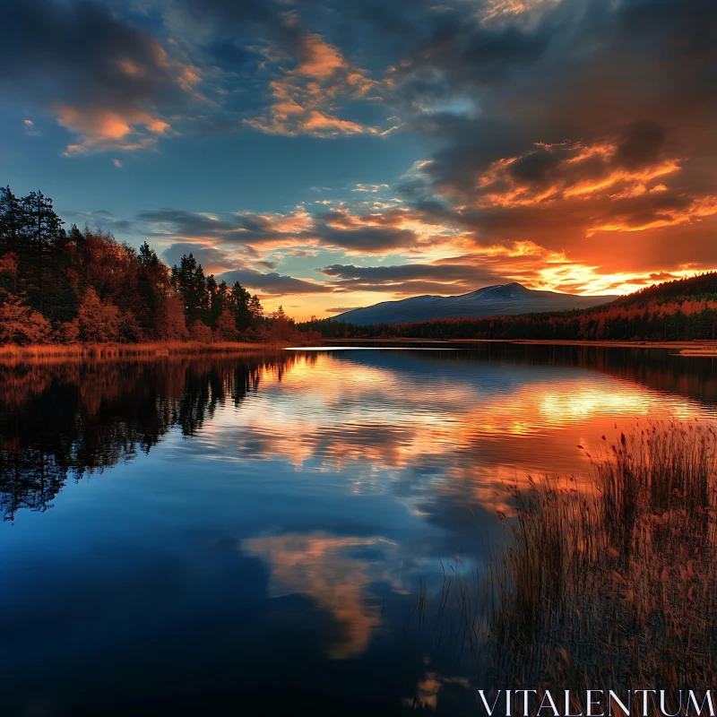 Tranquil Sunset Over a Reflective Lake AI Image