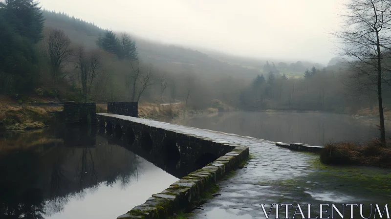 Misty Forest with Stone Bridge and Reflective Lake AI Image