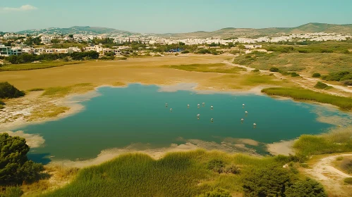 Peaceful Lake Scene with Flamingos and Urban Background