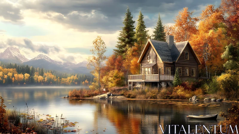 Lakeside Cabin in Autumn with Forest and Mountain Vista AI Image