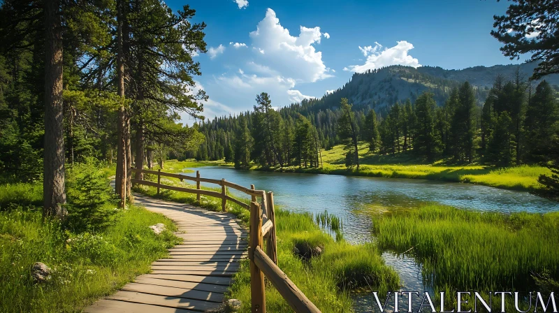 Wooden Pathway in a Lush Forest by a Panoramic River AI Image