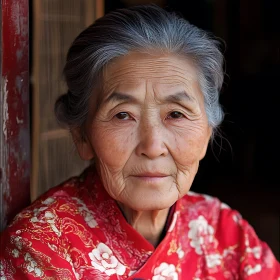 Portrait of an Elderly Woman in Red Floral Traditional Attire