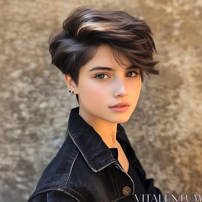 Stylish Woman with Short Hair in Denim AI Image