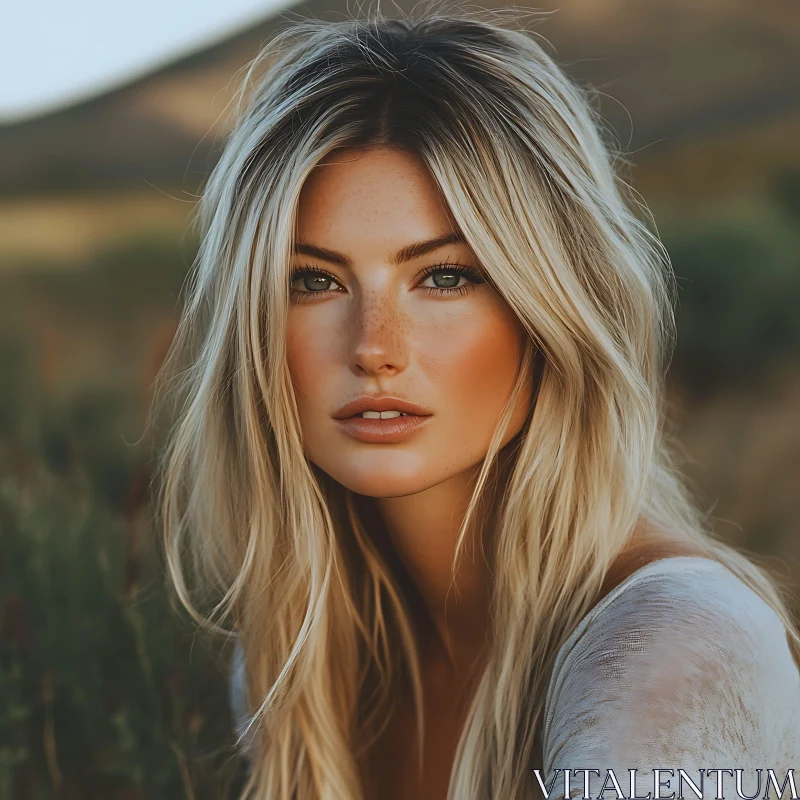 AI ART Serene Blonde Woman with Freckles in an Outdoor Setting