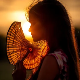 Woman Holding Fan at Sunset