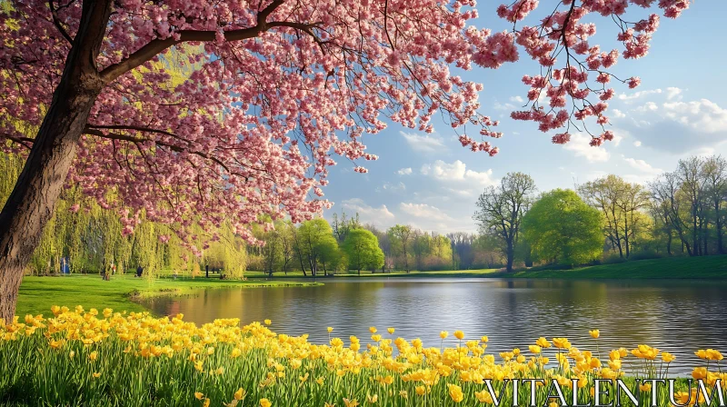 Serene Spring Landscape with Blooming Flowers AI Image