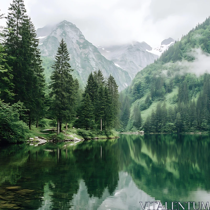 Peaceful Mountainous Lake Scene AI Image