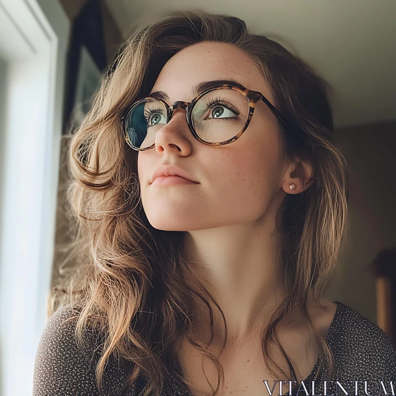 Portrait of a Pensive Woman with Tortoiseshell Glasses AI Image