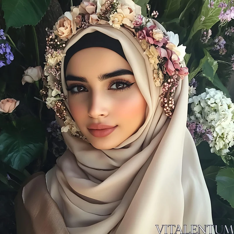 Serene Woman with Floral Headscarf AI Image