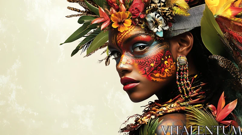 Colorful Tribal Woman with Floral Headdress AI Image