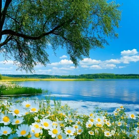 Picturesque Lakeside with Daisies and Clear Blue Waters