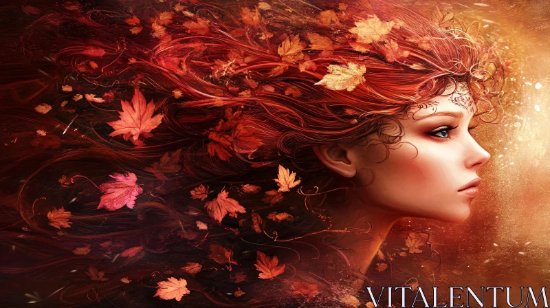 AI ART Autumn Fantasy: Woman with Red Hair and Leaves