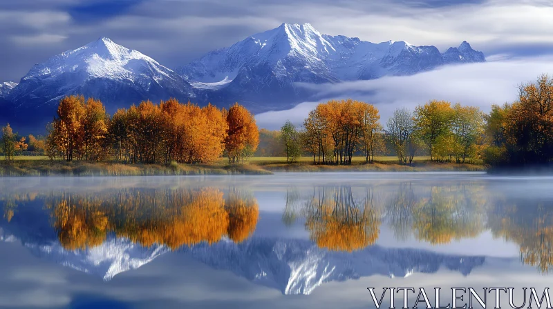 Peaceful Autumn Landscape with Mountains and Lake Reflection AI Image