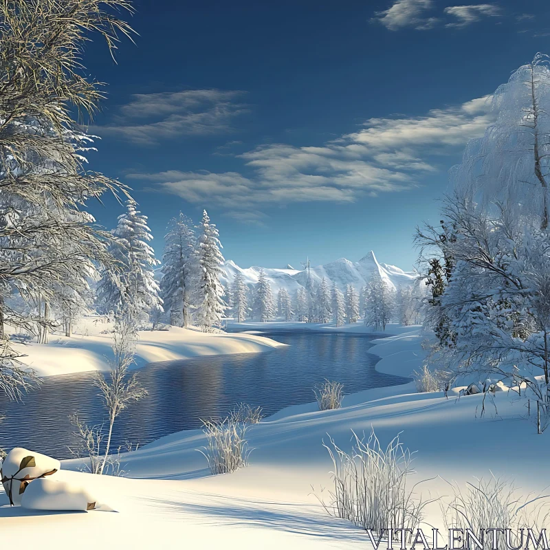 Serene Snowy Landscape with River and Mountains AI Image