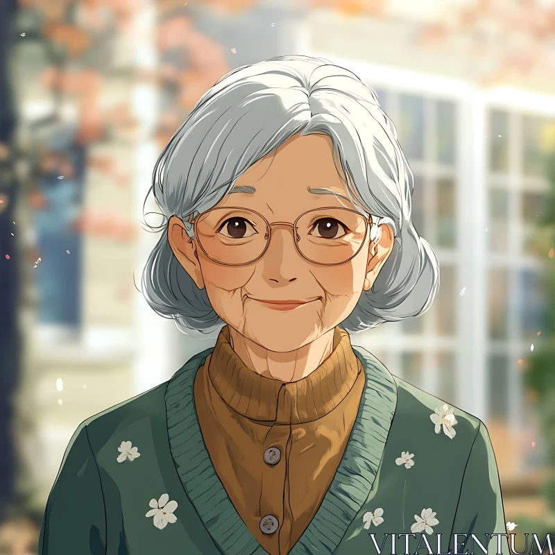 Serene Anime Illustration of an Elder Woman AI Image