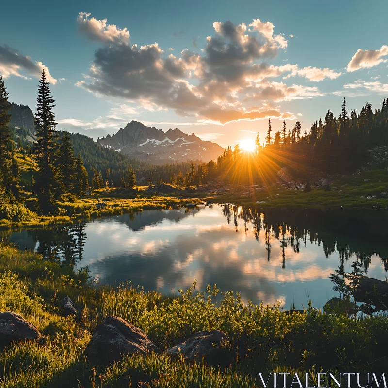 Peaceful Sunset by a Lake with Mountain Views AI Image