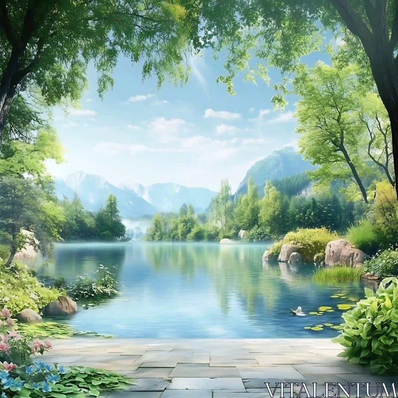 Tranquil Lake Surrounded by Nature AI Image