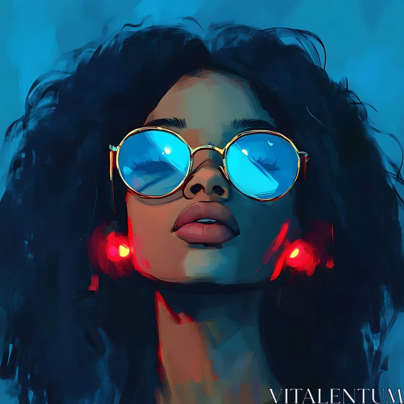 Artistic Portrait of Woman in Blue Sunglasses AI Image