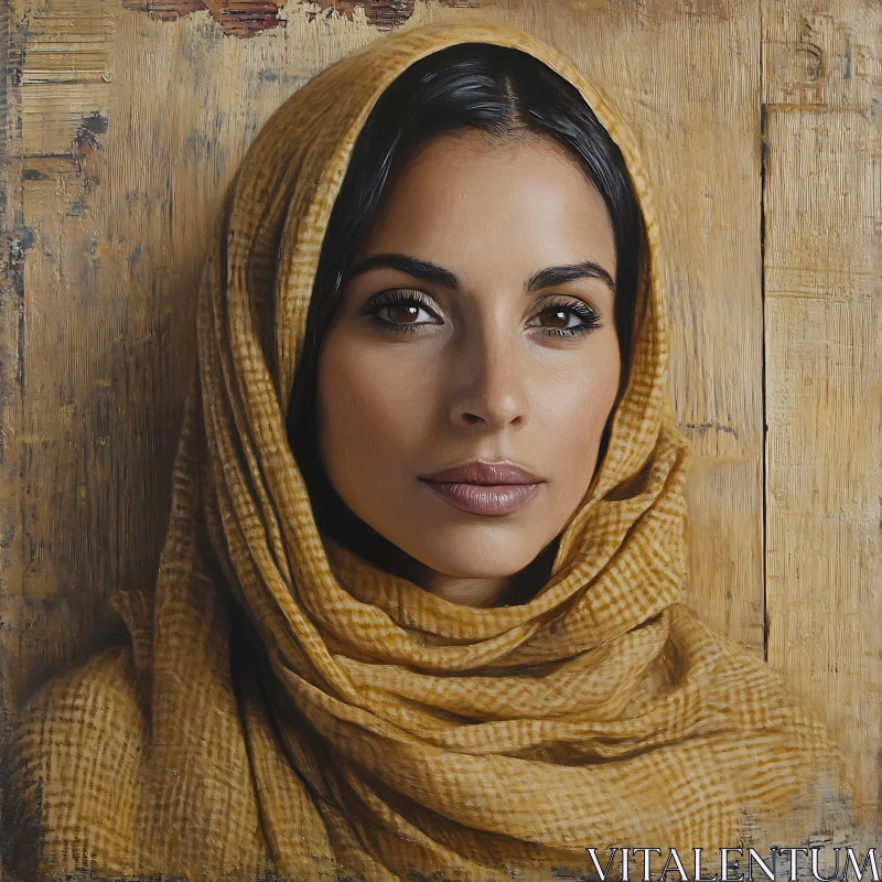 Woman's Serene Expression in Ochre Scarf AI Image