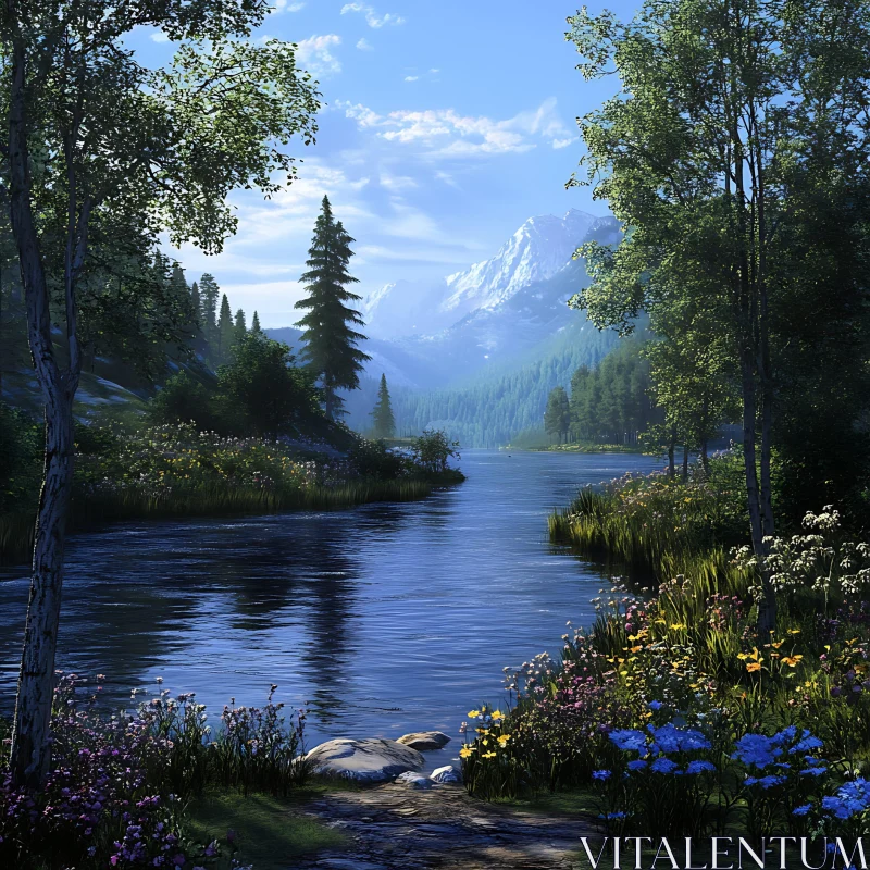 Tranquil Lake Amidst Flora with Mountain Views AI Image