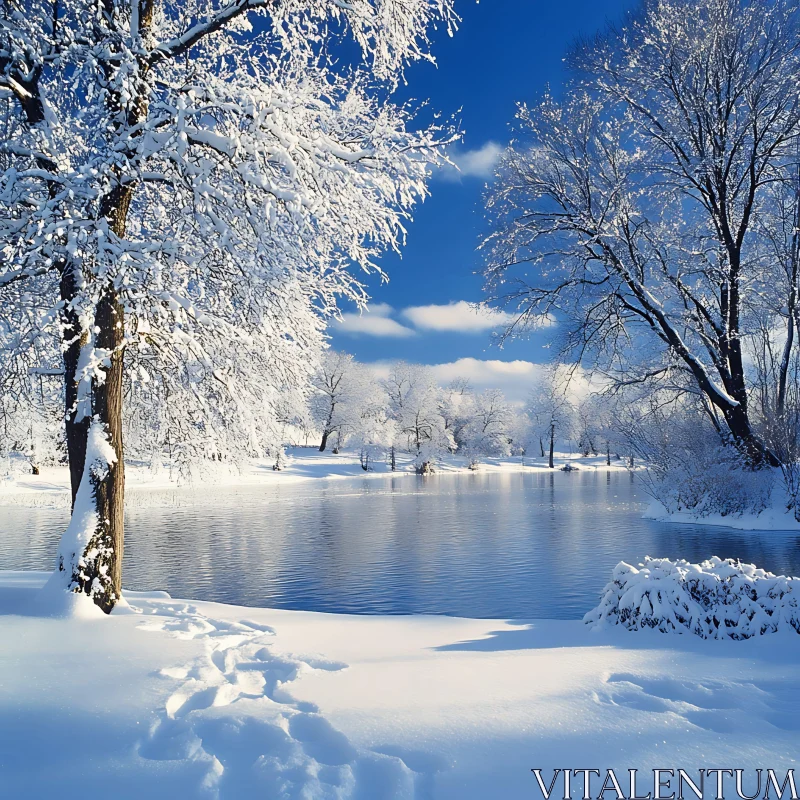 Winter Wonderland with Snowy Trees and Reflective Lake AI Image