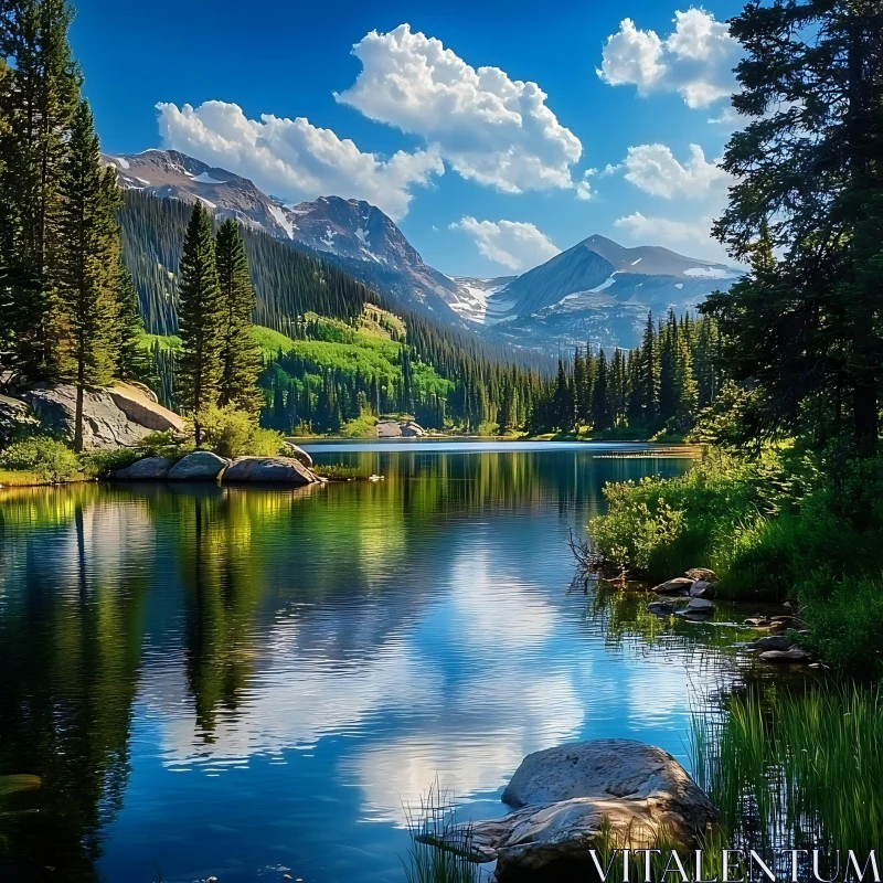 Peaceful Mountain Lake in Forest Setting AI Image