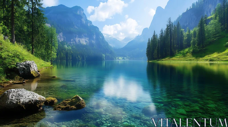 Serene Mountain Lake with Reflective Waters AI Image