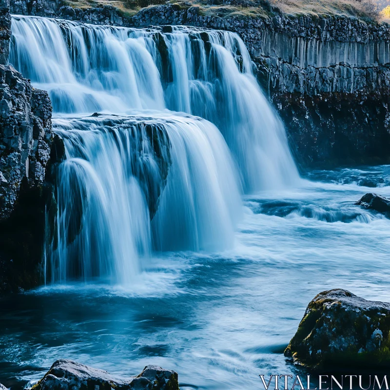 Majestic Waterfall Flowing Over Rocky Landscape AI Image