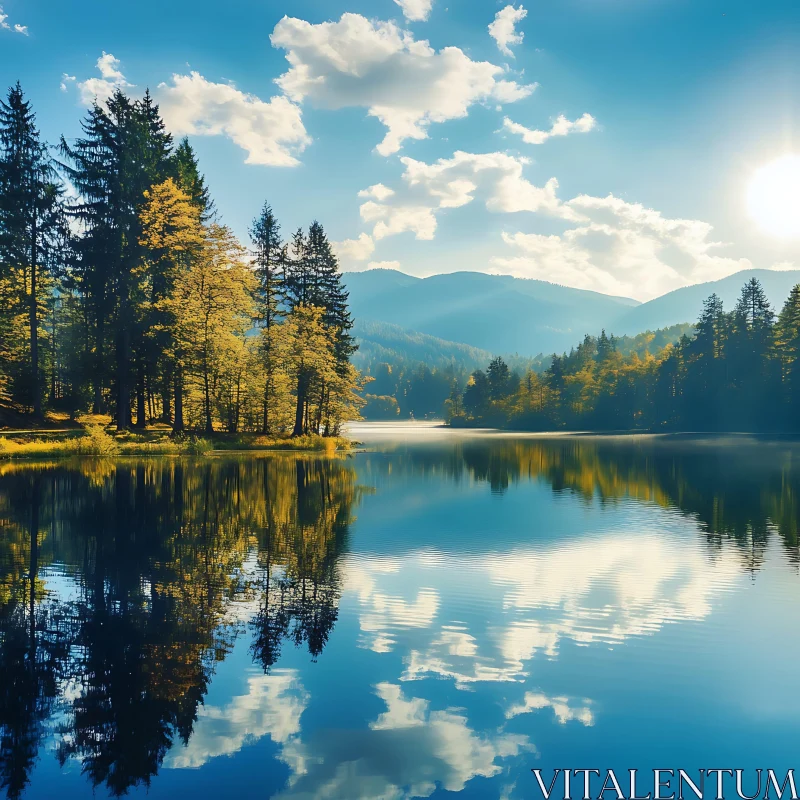 Peaceful Lake Surrounded by Forest and Mountains AI Image