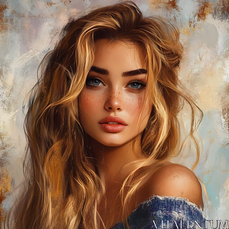 Blonde Woman Portrait with Blue Eyes and Freckles AI Image