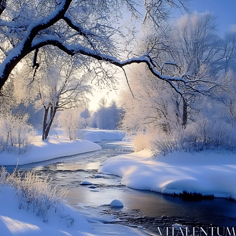 Serene Winter Stream Amidst Snowy Forest AI Image