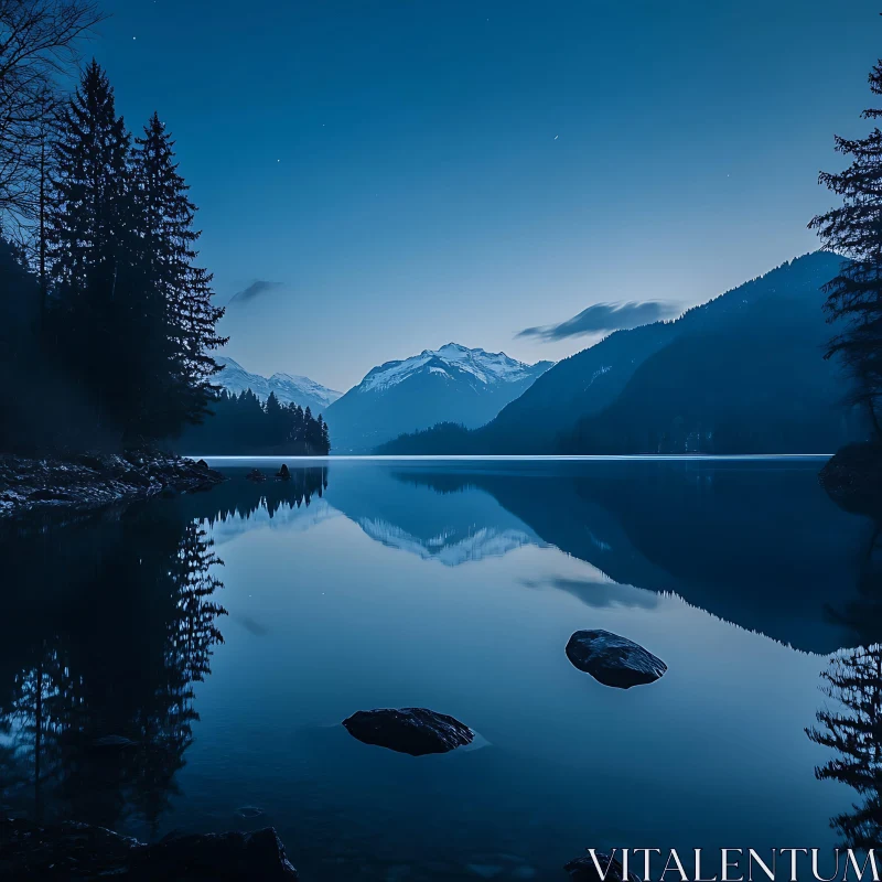 Twilight Lake with Mountain Reflections AI Image