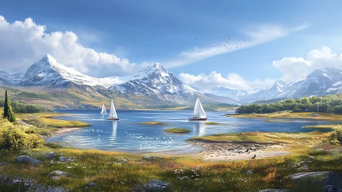 Tranquil Lake Scene with Snowy Peaks and Sailing Boats