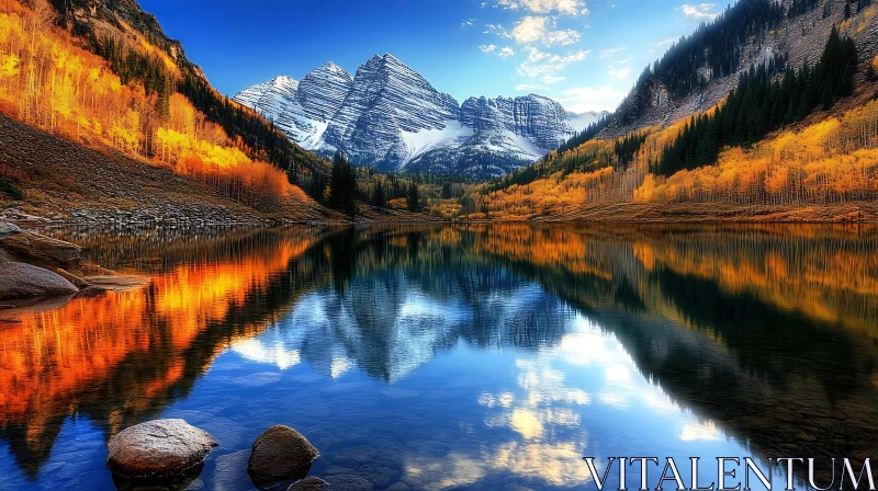 Peaceful Lake Reflecting Snowy Mountains in Autumn AI Image