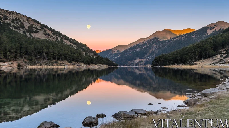 Serenity of a Mountain Lake with Moonrise AI Image