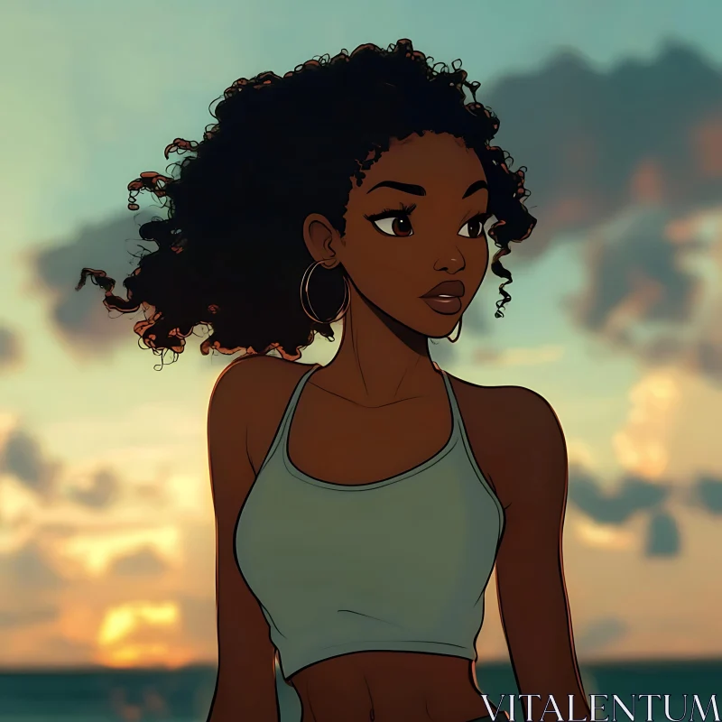 Sunset Animation of Curly-Haired Woman AI Image