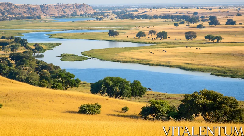 Peaceful River Valley with Grasslands and Trees AI Image