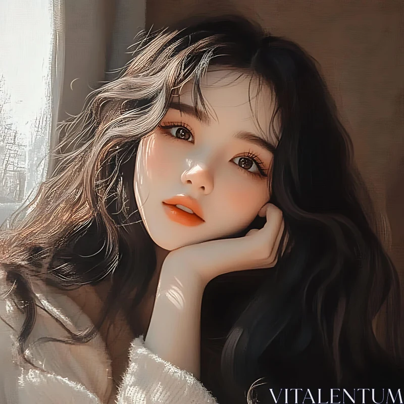 Graceful Woman's Portrait with Sunlit Features AI Image