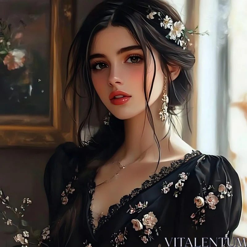 Young Woman in Black Floral Dress AI Image