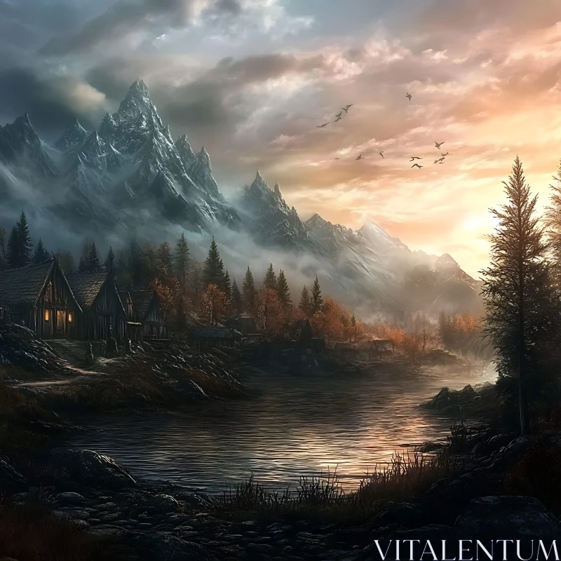 Village and Lake at Sunset with Misty Mountains AI Image